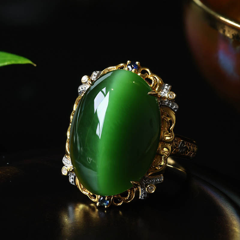 春夏季天然和田玉戒指女a豪华绿猫眼碧玉蛋面镶嵌18k金指环送妈妈