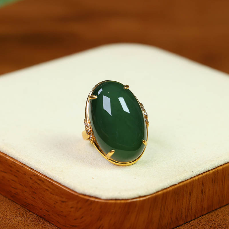 双十一特惠天然和田玉戒指菠菜绿碧玉大蛋面镶18k金指环a货送老婆