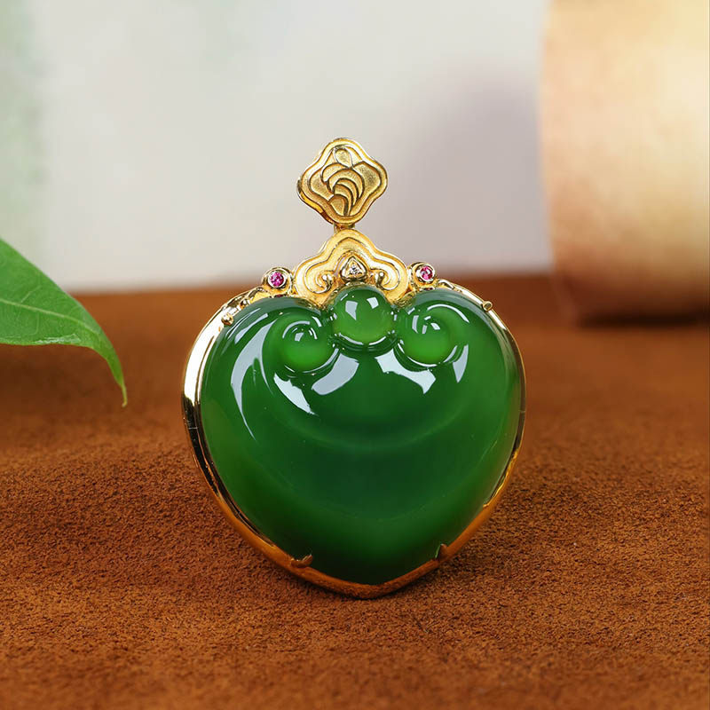 春夏季礼物天然和田玉吊坠女菠菜绿碧玉如意镶18k金挂件a货送妈妈