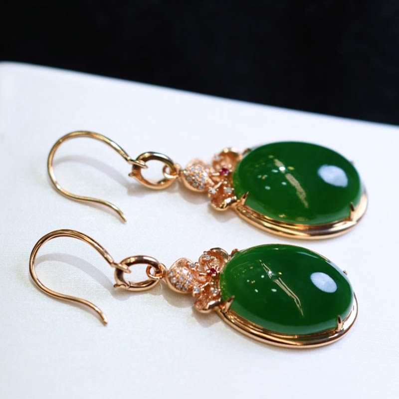 春夏季礼物天然和田玉耳环女菠菜绿碧玉蛋面镶18k金挂件a货送妈妈