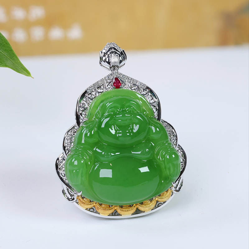 38焕新季时尚和田玉笑佛吊坠女苹果绿碧玉弥勒佛镶18k金挂件封底