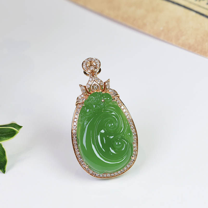 双十二天然新疆和田玉吊坠女a苹果绿碧玉如意镶18k金挂件事事顺利