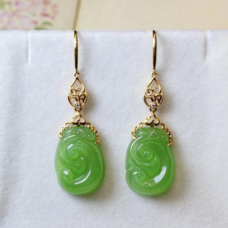 双十一特惠天然和田玉耳环女苹果绿碧玉如意镶18k金耳坠送a货妈妈