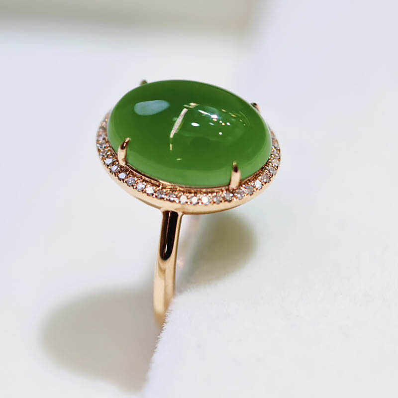 中秋礼物天然冰底a菠菜绿和田碧玉戒指女18K玫瑰金一圈钻豪镶指环