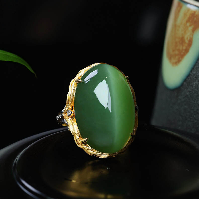 年货节天然和田玉戒指女a冰底猫眼碧玉大蛋面镶嵌18k金指环送女友