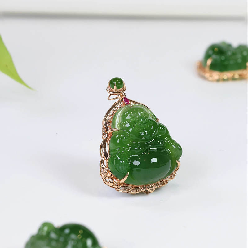 38女神节天然和田玉弥勒佛吊坠女a老料菠菜绿碧玉笑佛镶18k金挂件