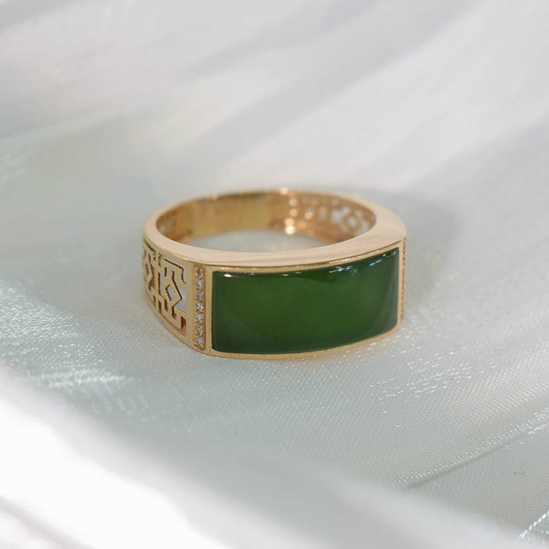 38女王节礼物天然和田玉戒指女老料菠菜绿碧玉马鞍镶嵌18k金指环