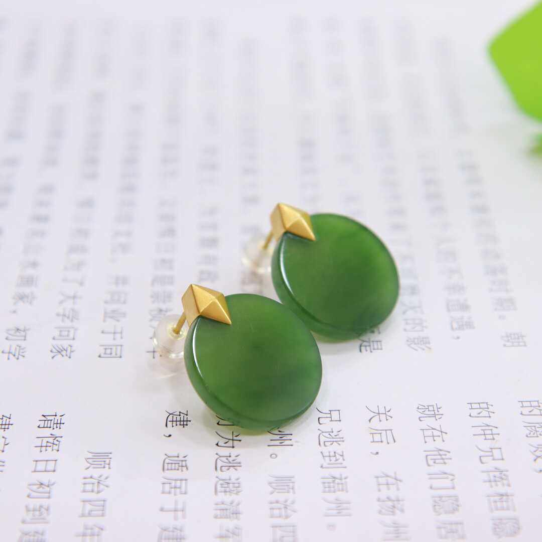 五一特惠和田玉碧玉耳钉女士18k金镶玉耳饰天然碧玉圆牌玉石耳环