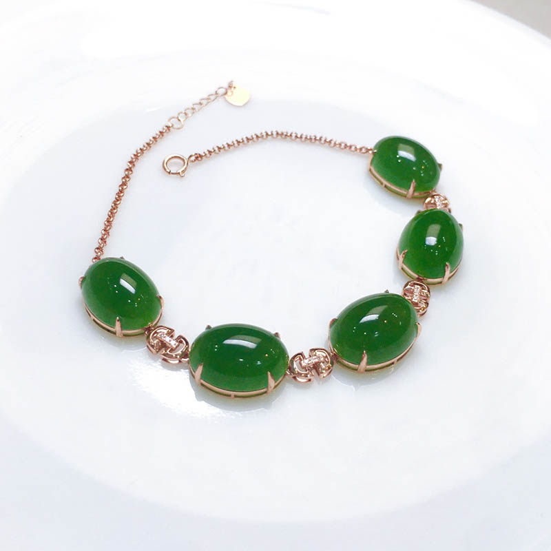 38女王节天然和田玉手链女老坑料菠菜绿碧玉蛋面镶嵌18k金手串a货