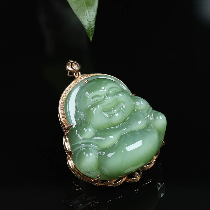 中秋礼物天然和田玉佛项链女a冰猫眼碧玉弥勒佛镶18k金挂件送妈妈