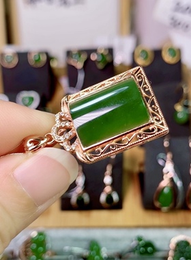 正品天然和田玉吊坠 女款菠菜绿纯银镶玉无事牌方形项链碧玉项链