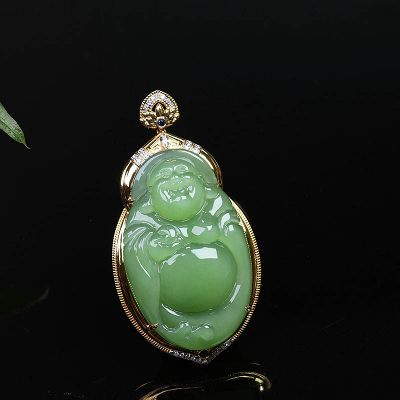 元旦礼物天然和田玉吊坠女猫眼碧玉弥勒佛镶嵌18k金挂件a货送妈妈
