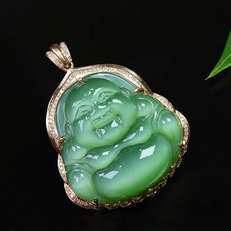 双十二圣诞天然和田玉笑佛吊坠女a猫眼碧玉弥勒佛镶18k金挂件关妈