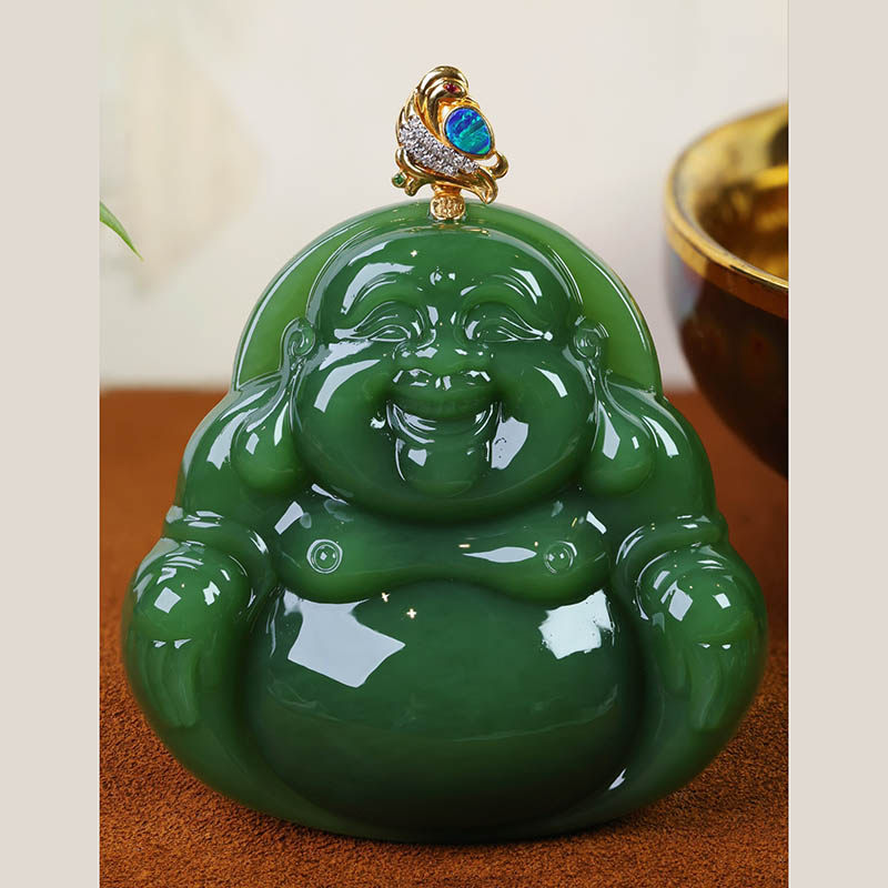 38焕新季新疆和田玉弥勒佛吊坠a菠菜绿碧玉大笑佛镶18k金挂件送妈