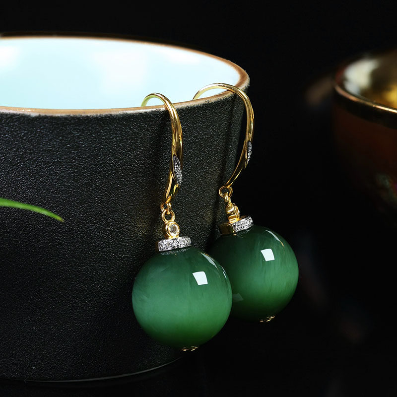 五一活动价天然和田玉耳环女猫眼碧玉大圆珠镶18k金耳坠a货送领导