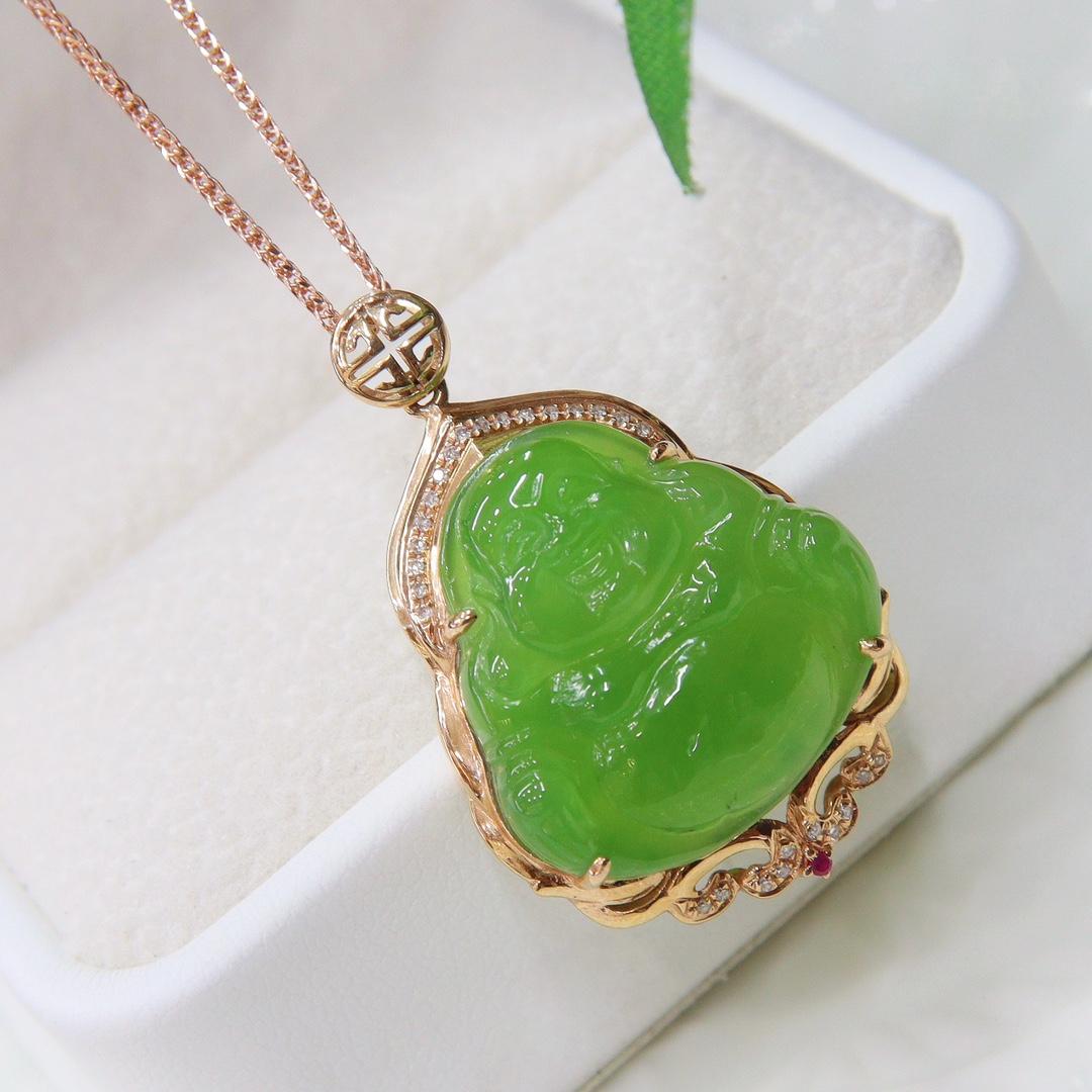 原创设计阳绿翡翠金镶玉弥勒佛公