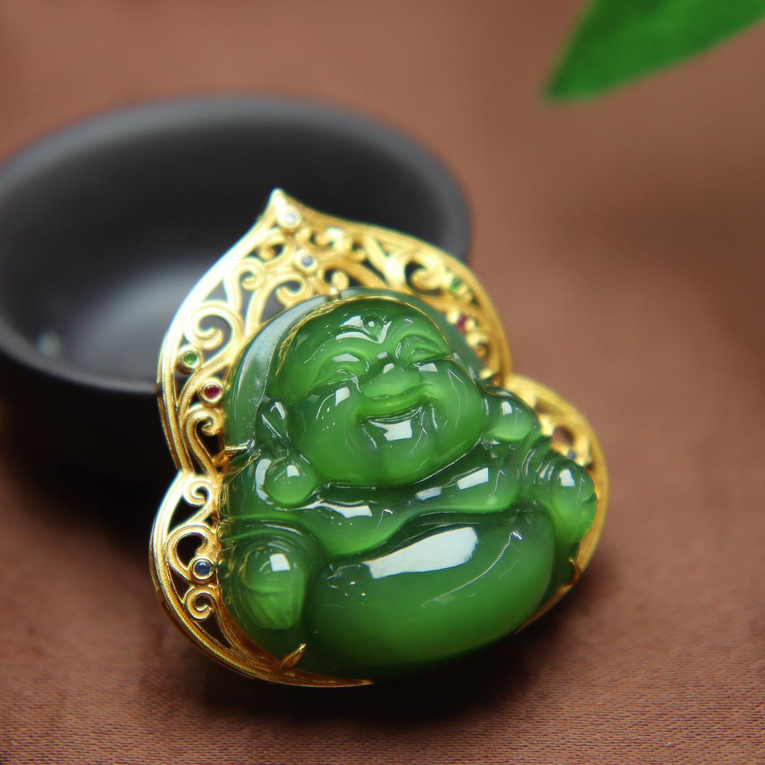 双十一活动a和田玉弥勒佛吊坠女镂空猫眼碧玉笑佛镶18k金挂件送妈