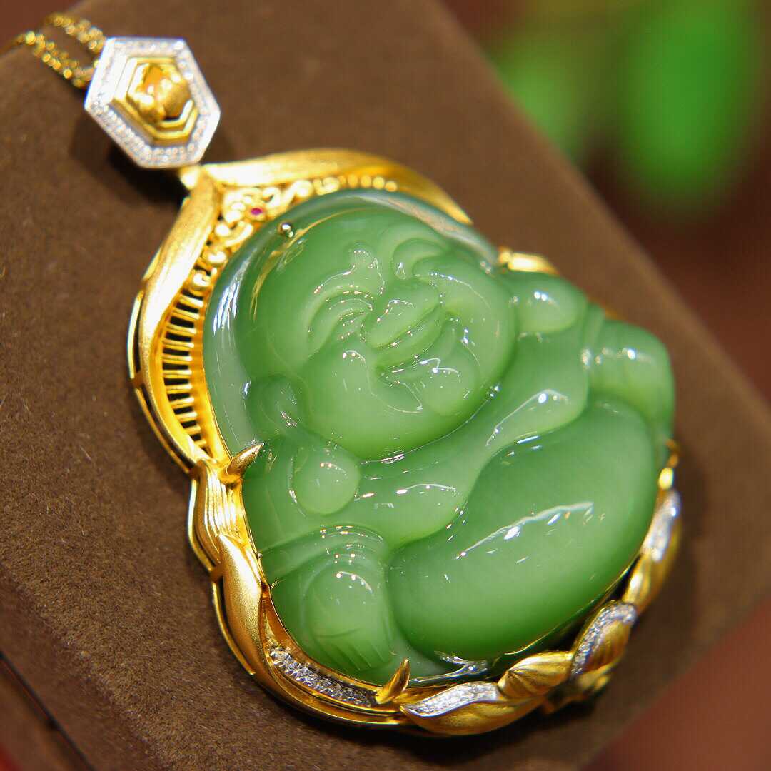 母亲节天然玉石18k金镶和田玉吊坠猫眼佛公碧玉弥勒佛挂件送妈妈