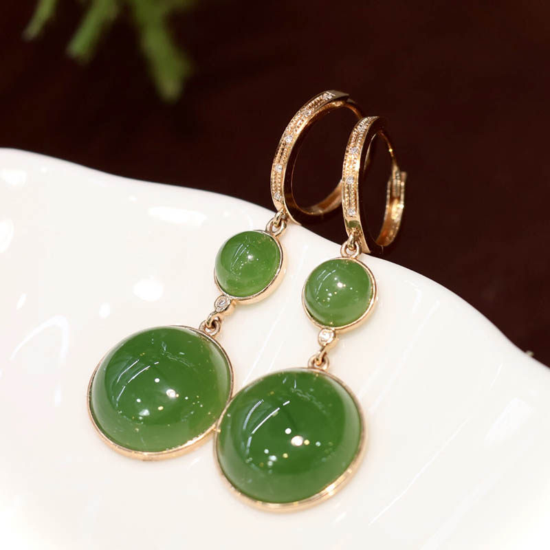春季开门红新疆和田玉耳坠a正宗菠菜绿碧玉圆面镶18k金耳环扣双拼