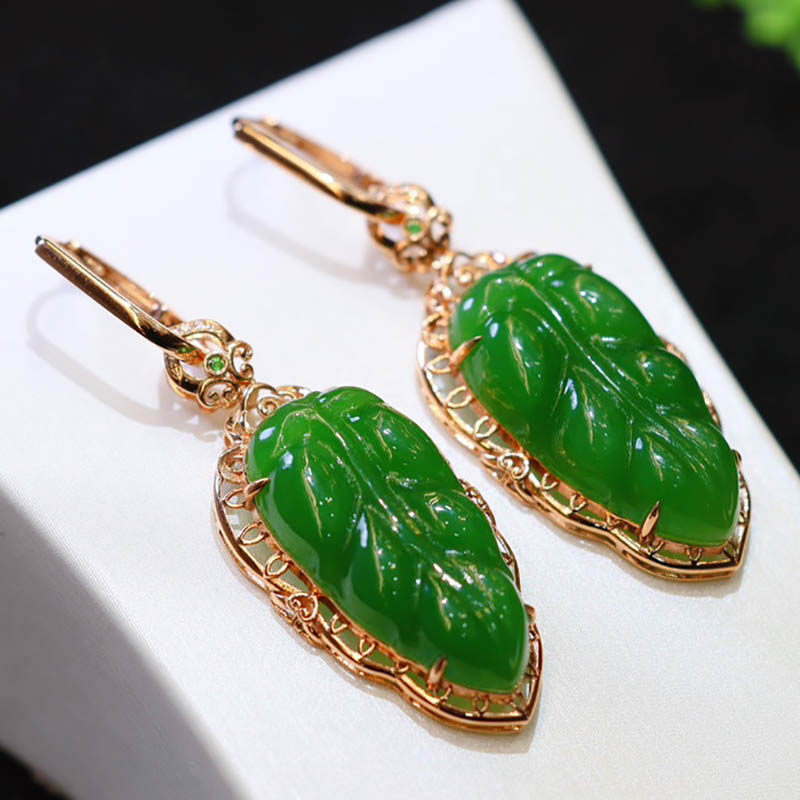 春夏季礼物天然和田玉耳坠女菠菜绿碧玉叶子镶18k金挂件耳环两用a