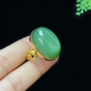 38女神天然和田玉戒指a镂空粉青碧玉蛋面包镶嵌18k黄金指环送老婆