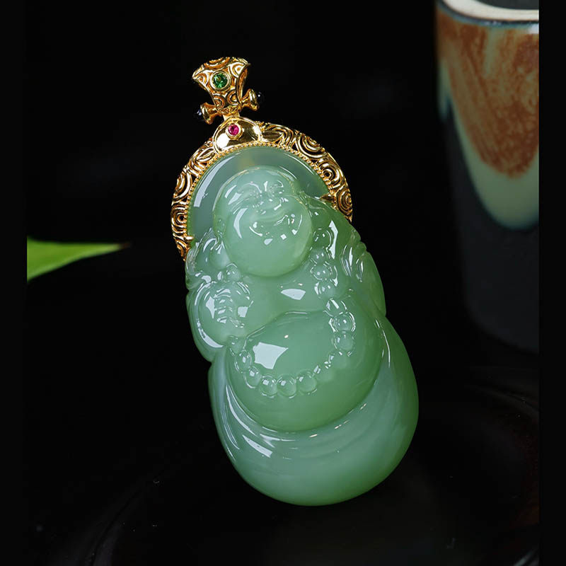 38焕新季天然和田玉吊坠女a果冻猫眼碧玉弥勒佛镶18k金挂件送领导