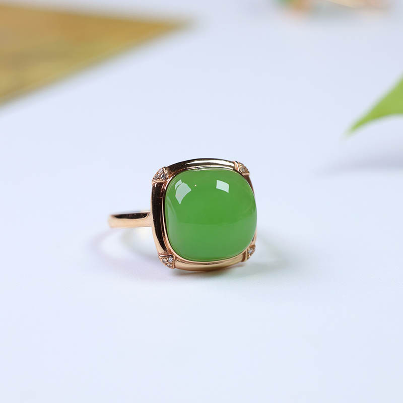 双十一天然和田玉戒指女a苹果绿碧玉方形镶18k金指环伴钻石送老婆