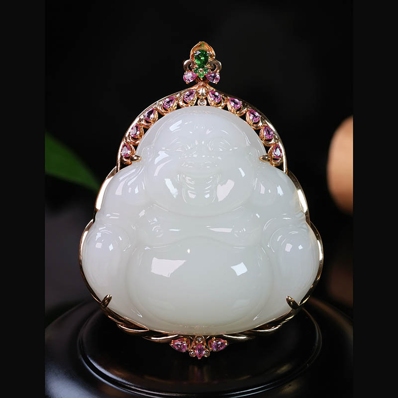 双十二天然新疆和田玉弥勒佛吊坠女a羊脂白玉佛公镶18k金挂件送妈