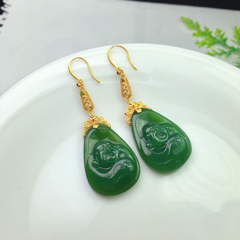 五一特惠天然和田玉耳环女菠菜绿碧玉佛公镶嵌18k金耳饰a货送长辈