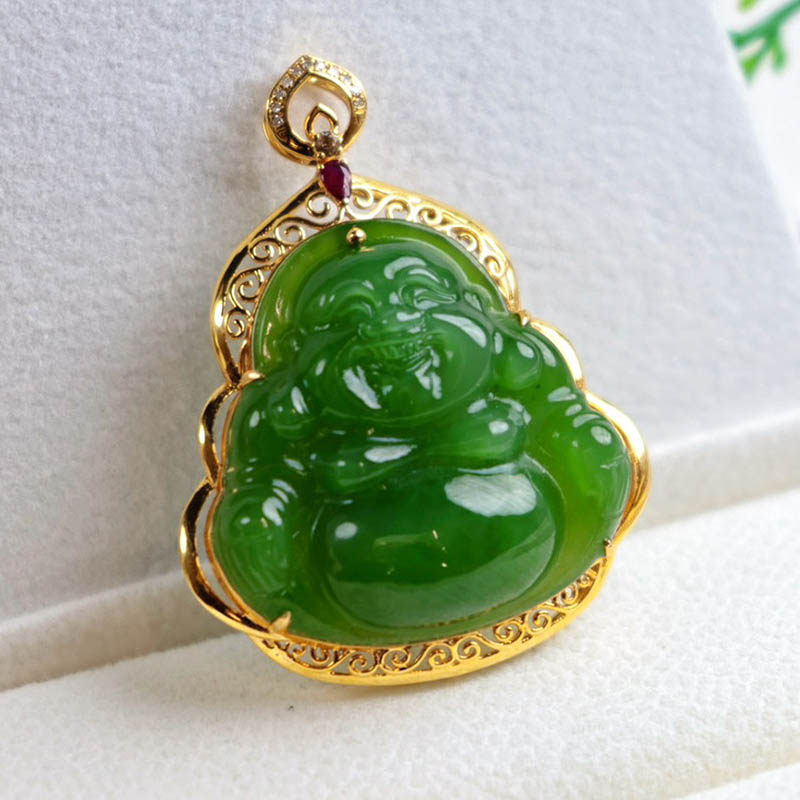 春节不打烊天然和田玉弥勒佛吊坠女a货菠菜绿碧玉水滴镶18k金挂件