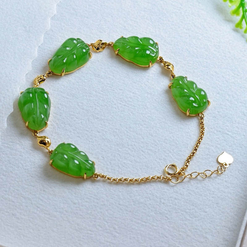 年货节礼物天然和田玉手链女a货苹果绿碧玉叶子镶18k金手串送妈妈
