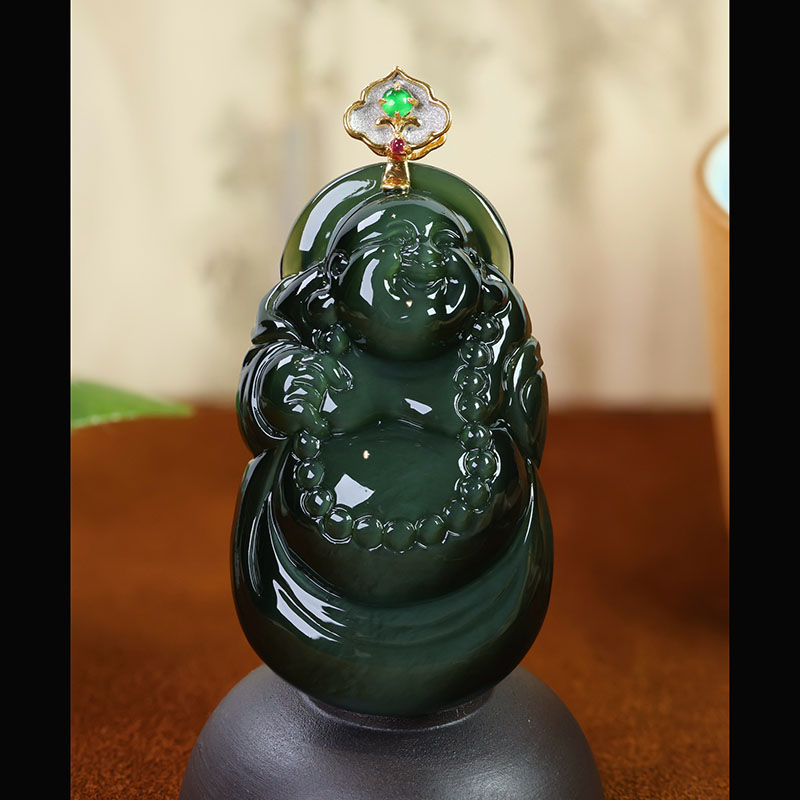 时尚潮流和田玉金镶玉佛公挂件