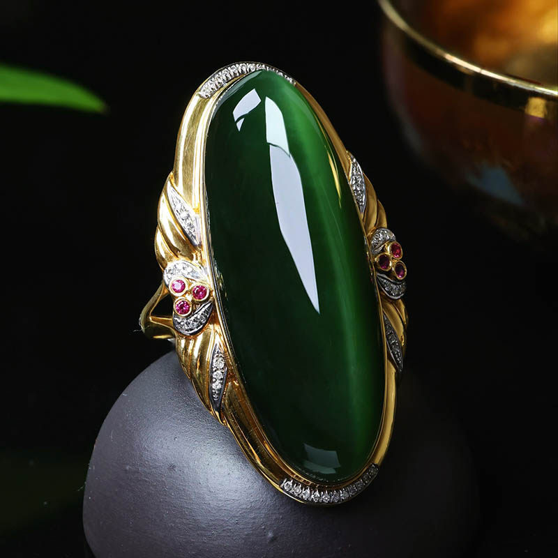 焕新季天然和田玉戒指女绿猫眼碧玉大蛋面镶嵌18k金指环a货送老婆