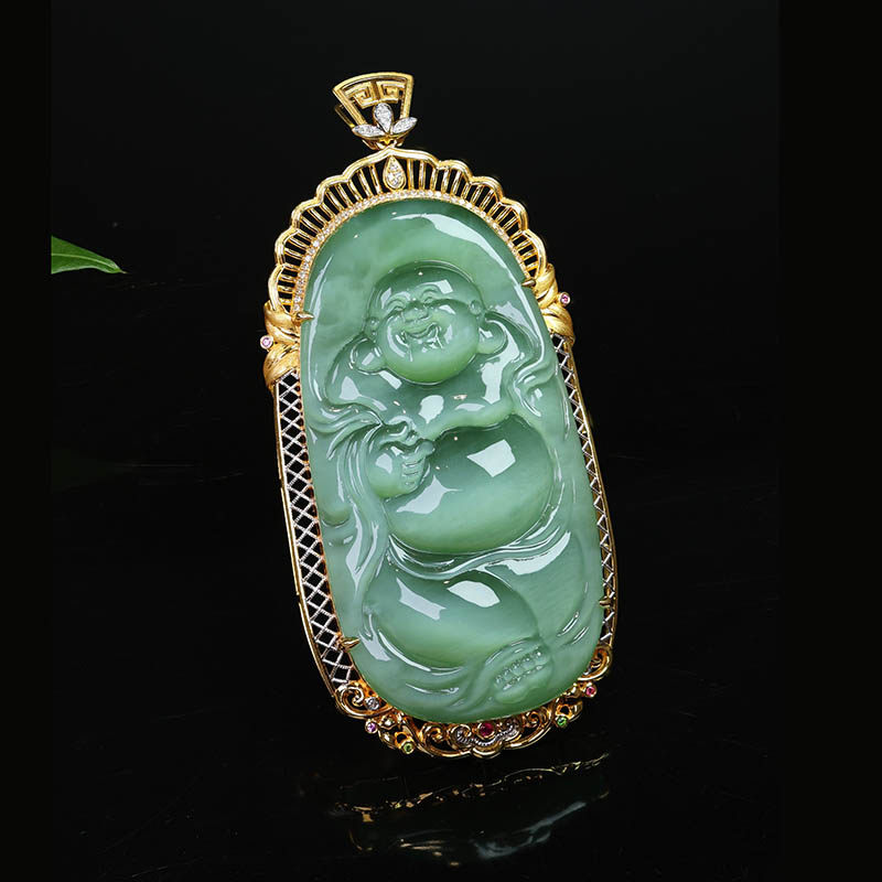 年货节天然新疆和田玉吊坠女a货猫眼碧玉弥勒佛镶18k金挂件送长辈