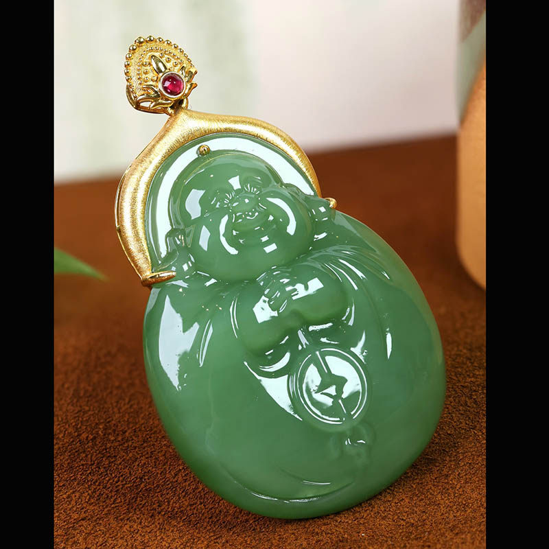 焕新季天然和田玉弥勒佛吊坠女a粉绿碧玉抱抱佛镶18k金挂件送妈妈