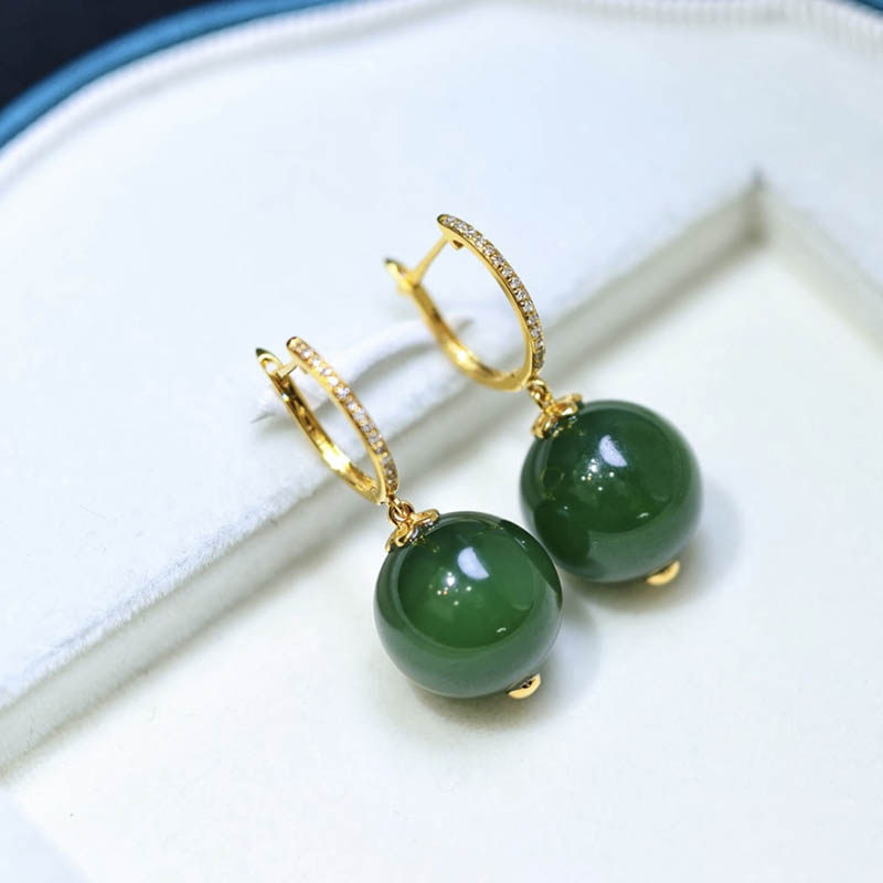 38焕新季天然和田玉耳环女菠菜绿碧玉圆珠镶嵌18k金耳坠送老婆