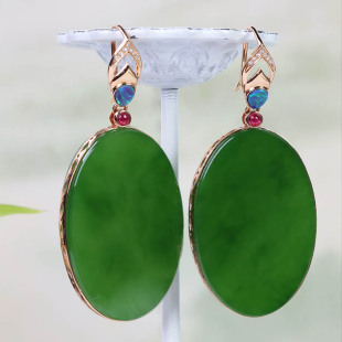 年货节礼天然和田玉耳环a货菠菜绿碧玉圆牌镶18k金耳饰送领导妈妈