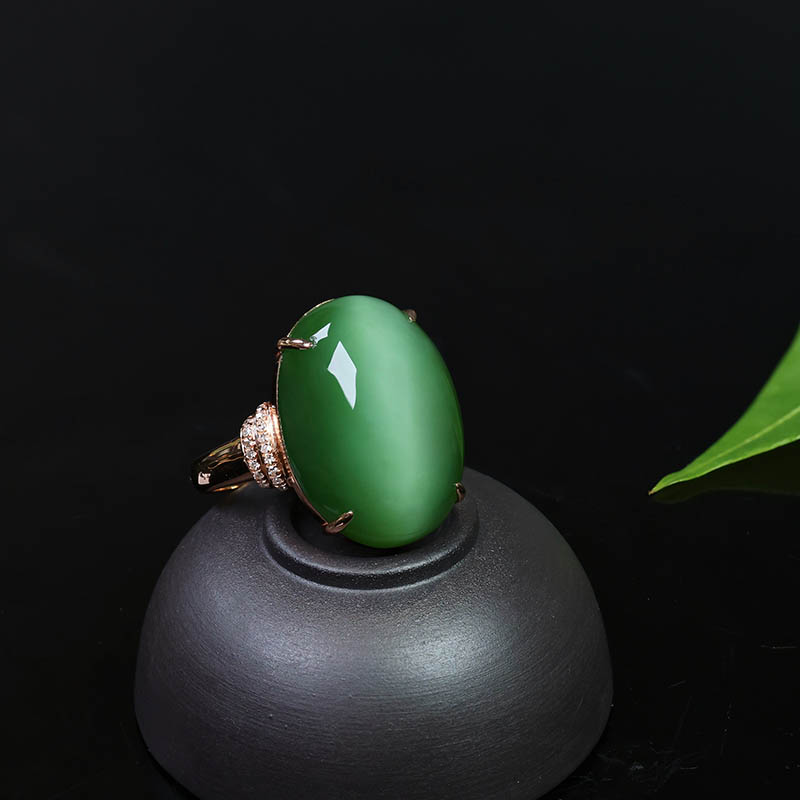双十一特惠天然和田玉戒指女猫眼碧玉蛋面镶嵌18k金指环送老婆礼