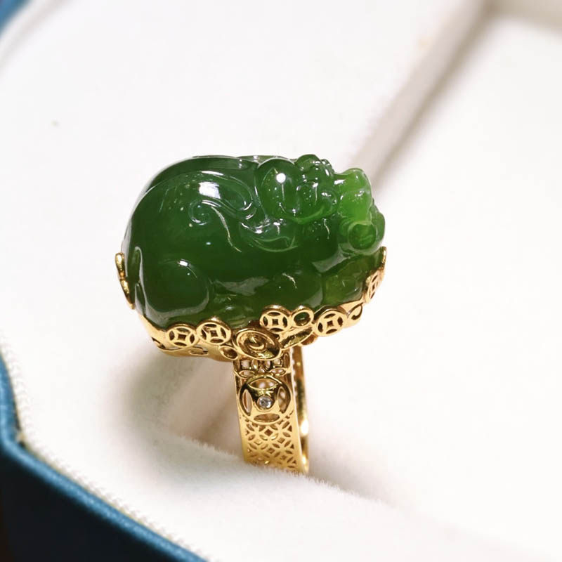 双十一天然和田玉戒指女招财菠菜绿碧玉貔貅镶嵌18k金指环送老婆