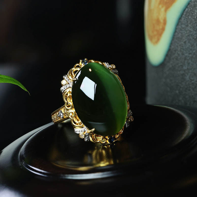 年货节和田玉戒指女a货豪华黑绿猫眼碧玉蛋面镶18k金指环镂空设计