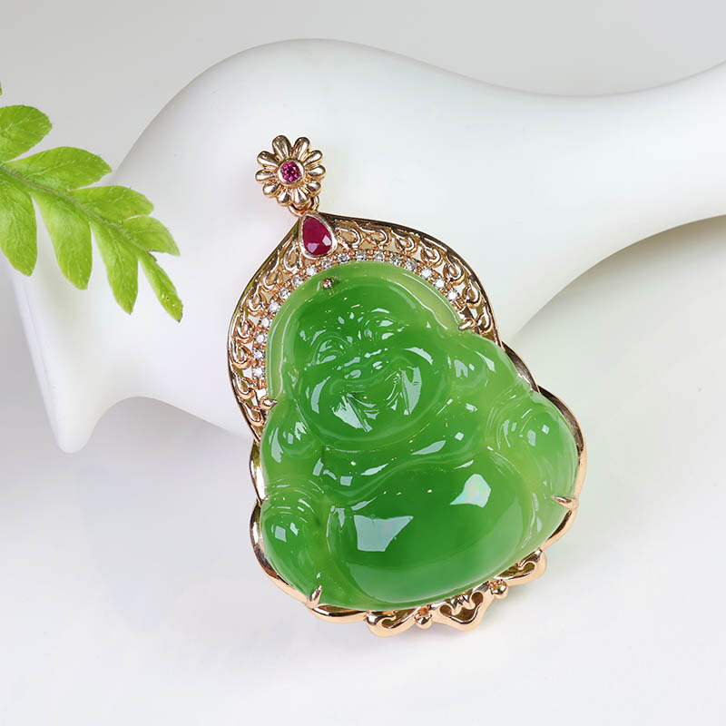 双十二新疆和田玉佛公吊坠女a苹果绿碧玉弥勒佛镶18k金挂件送妈妈