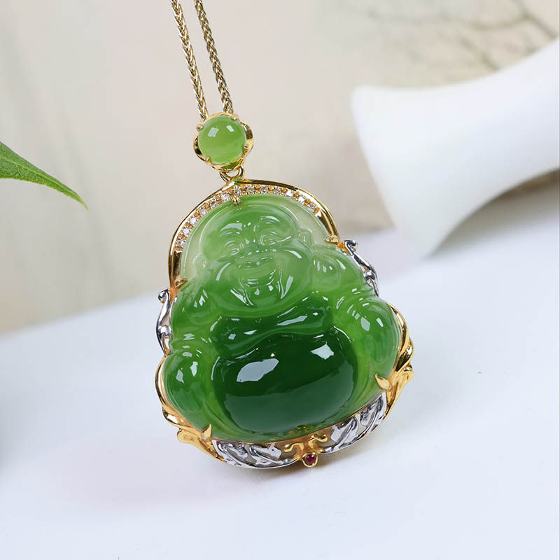 春节开门红天然和田玉佛吊坠女a渐变菠菜绿碧玉弥勒佛镶18k金挂件