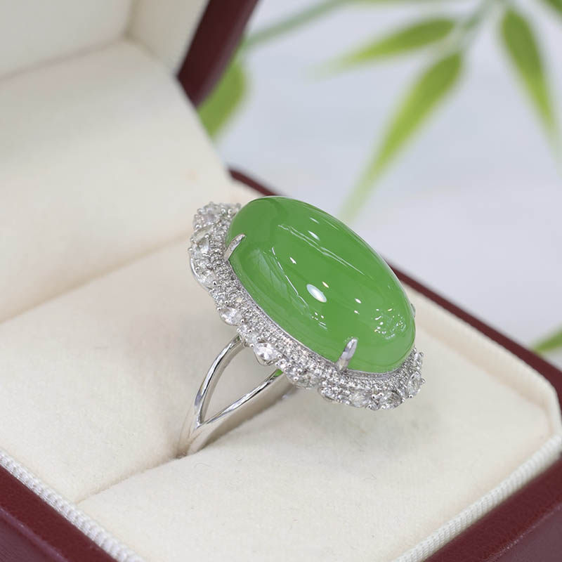 年货节天然和田玉项链女a苹果绿碧玉大蛋面镶18k白金戒指吊坠两用
