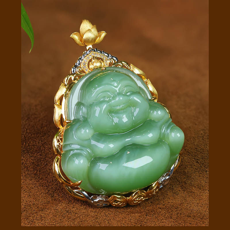 618特惠天然和田玉笑佛吊坠女冰绿猫眼碧玉弥勒佛镶18k金挂件厚金