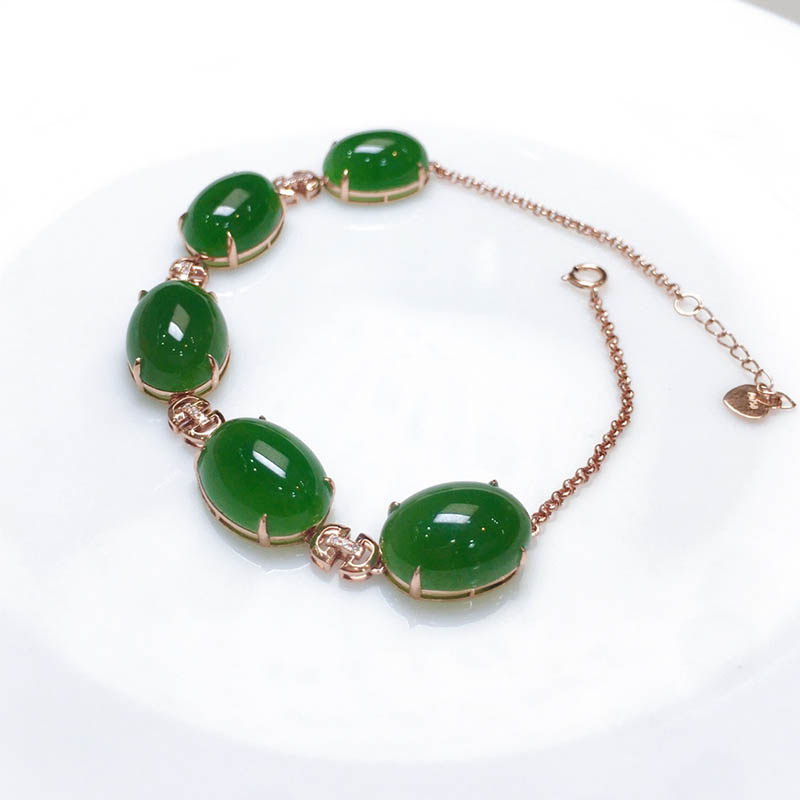 年货节礼物新疆和田玉手链女a货菠菜绿碧玉蛋面镶18k金手串送妈妈