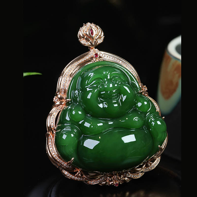 春节不打烊和田玉笑佛吊坠a满钻豪华菠菜绿碧玉弥勒佛镶18k金挂件