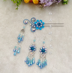 古装汉服古典花朵发簪耳环戏曲越剧花旦小姐玫红蓝粉色发钗头饰品