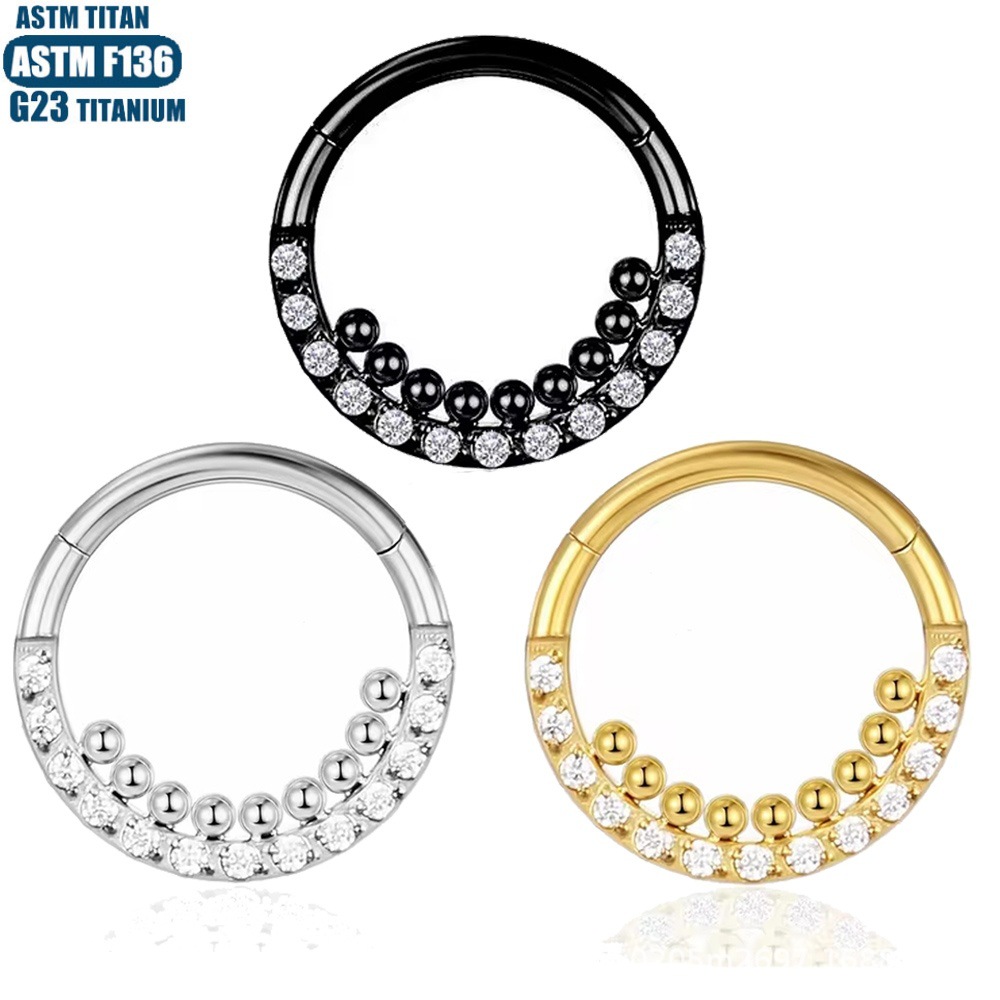 F136钛合金鼻圈耳环耳饰正面锆石内焊珠铰链穿孔穿刺鼻环鼻中隔
