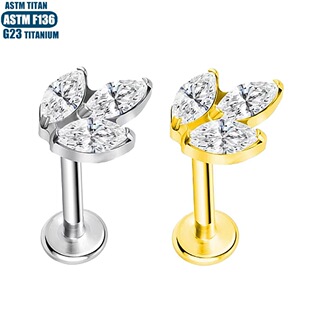 F136钛合金叶子唇环镶钻内牙螺纹隔膜耳屏穿孔小耳钉穿刺饰品唇