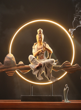 新中式大灯圈观世音禅意摆件客厅玄关创意倒流香装饰招财开业礼品